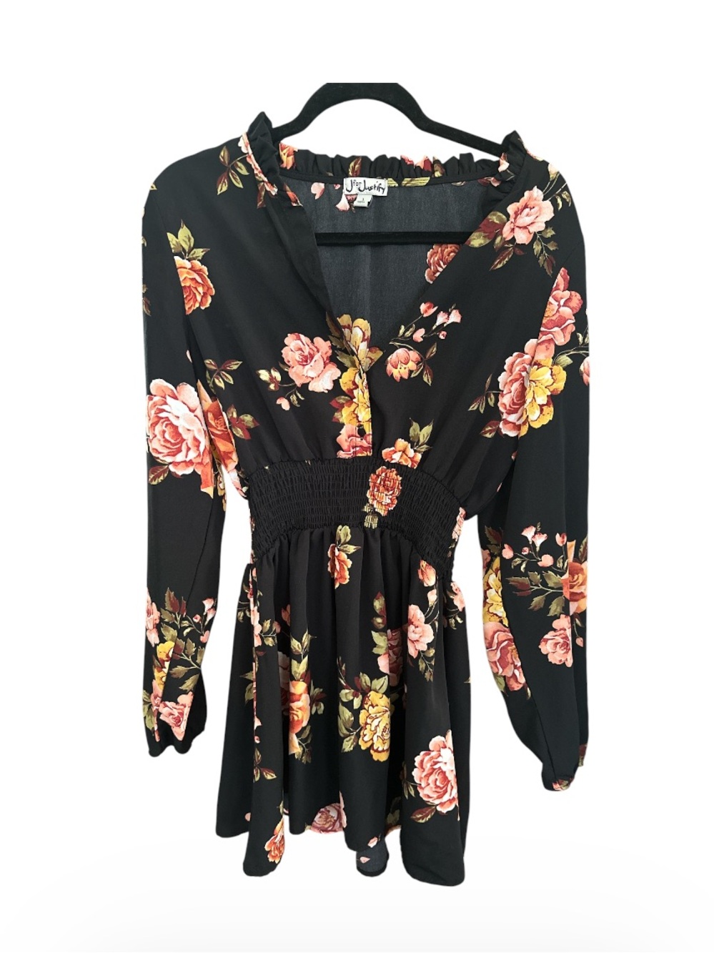 J for Justify Black Floral Long Sleeve Smocked-Waist Dress